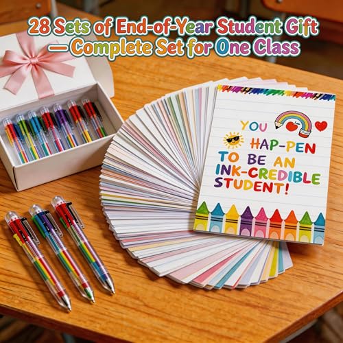 End of Year Student Gifts from Teacher Set of 28, Includes 6 in 1 Multicolor Ballpoint Pen with Gift Cards, End of the Year Gifts for Students Bulk for Students Classroom Party Favors