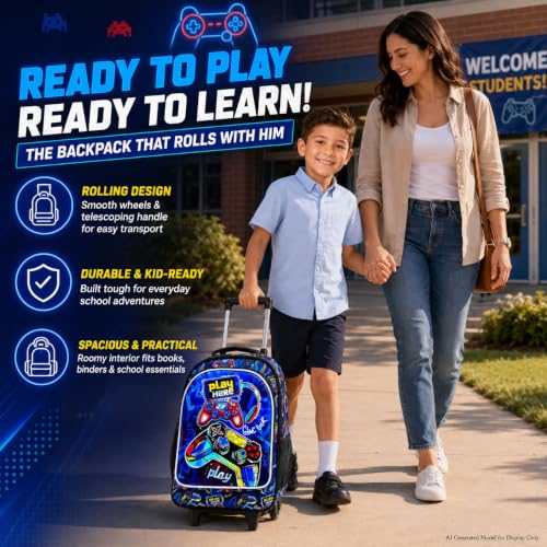 CCJPX 18" Gamer Rolling Backpack for Boys, 3PCS Kids Backpacks with Roller Wheels, Wheeled Bookbag with Lunch Box for Toddler Elementary School (Black) - color: Red Game