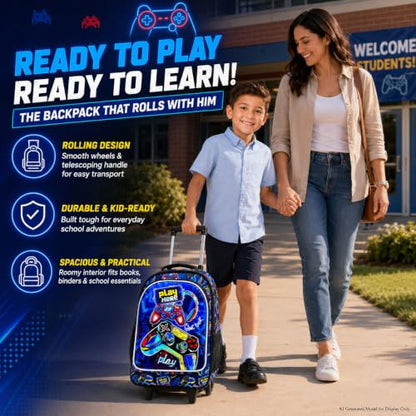 CCJPX 18" Gamer Rolling Backpack for Boys, 3PCS Kids Backpacks with Roller Wheels, Wheeled Bookbag with Lunch Box for Toddler Elementary School (Black) - color: Red Game