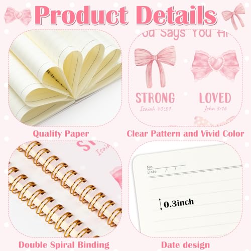 Xqumoi 2 Pack A5 Pink Bow Coquette Religious Spiral Notebooks - She Is Worthy Bible Verses Writing Notebooks, Ruled Lined Journal, Christian Christmas Gift, Sunday School Supplies - style: J-Pink Bow Religious