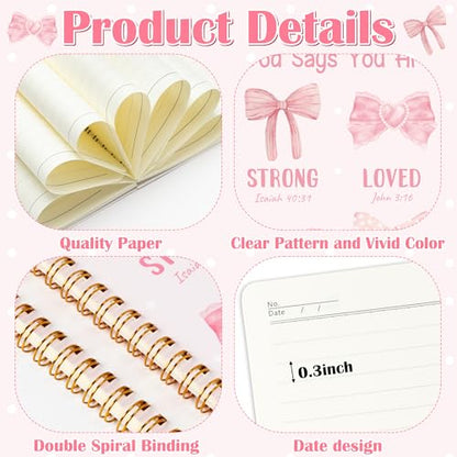 Xqumoi 2 Pack A5 Pink Bow Coquette Religious Spiral Notebooks - She Is Worthy Bible Verses Writing Notebooks, Ruled Lined Journal, Christian Christmas Gift, Sunday School Supplies - style: J-Pink Bow Religious