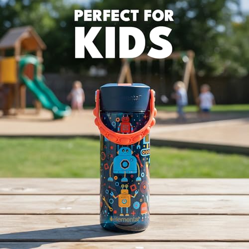 Elemental Water Bottles for Kids - Splash Kids Water Bottle for School with Pop-it Handle - BPA Free Tritan Plastic Water Bottle with Straw Leak Proof when Spout is Closed - Blue Robot - 18oz - color: Blue Robot