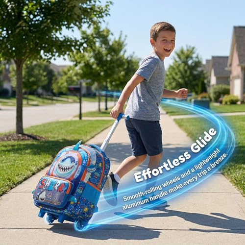 Kids Rolling Backpack for Boys Shark Trolley Suitcases Luggage with Wheels Bookbag Wheeled 3pcs Preschool Students Elementary Teenagers Lunch Box Pencil Case Blue for Age 5-10 - color: Blue-0201-shayu