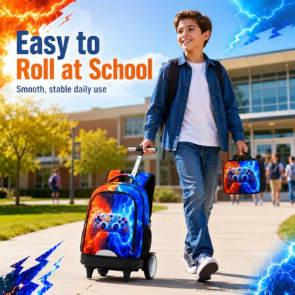AGSDON Quiet Rolling Backpack with Lunch Box Set – Large‑Wheel Water‑Resistant Wheeled Bag for School, Outings, and Travel | Fire-Lightning Gaming 3‑Piece Organizer Backpack - color: Big Wheel Rolling Backpack Fire-lightning Gaming