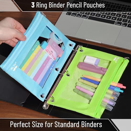 Mr. Pen- Pencil Pouch for 3 Ring Binder, 2 Pack, 10"x6.75", Smooth Zipper | Clear Window, Large Capacity Pencil Case with 3 Reinforced Grommets for School, Office, Supplies Storage | Clear Window, Large Capacity Pencil Case with 3 Reinforced Grommets for