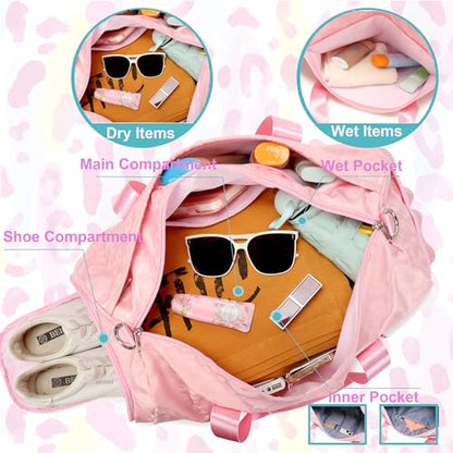 Jumpopack Dance Bag for Girls Duffle Bags Girls Overnight Bag Sleepover Gym Gymnastics Bags with Shoe Compartment and Wet Pocket,Leopard Shape - color: Leopard Pink