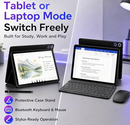 Jeazans Android 16 Tablet 10.1 Inch, 2-in-1 Tablet Bundle with Keyboard, Wireless Mouse, Stylus, Leather Case, Dual Camera, 64GB Storage+1TB Expansion, Portable Laptop for Students & Business