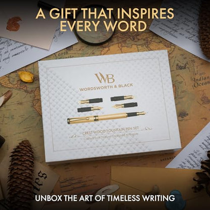 Wordsworth & Black Fountain Pen Gift Set, Includes Ink Bottle, 6 Cartridges, Refill Converter, 4 Replacement Nibs, Luxury Bamboo, Journaling, Calligraphy, Smooth Writing Pens [Maple Wood] - color: Maple Wood