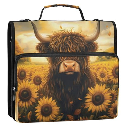 3 Ring Zipper Binder Sunflower Highland Cow Binders Bag with Shoulder Strap 500 Sheets Paper Organizer Trapper Keeper Documents Storage File Folder for School Office - color: A1188