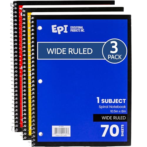 EPI Spiral Notebook | Wide - 70 Sheets, Durable Spiral Binding | 10.5 x 8 in | Classroom Supplies | School, Office, Note Taking, Journaling - 3 Pack - color: Assorted, size: 3