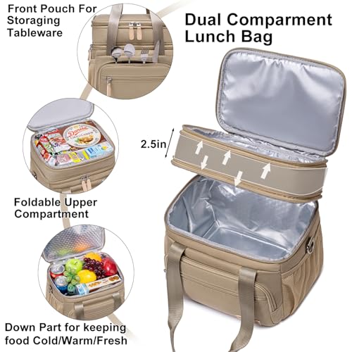 Weitars Insulated Lunch Box for Women Men-Dual Compartment Waterproof Reusable Large Lunch Bag Wide-Open Tote Cooler Bag For Working Picnic Hiking (15L) (Kahki) - color: Kahki