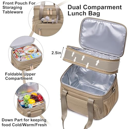 Weitars Insulated Lunch Box for Women Men-Dual Compartment Waterproof Reusable Large Lunch Bag Wide-Open Tote Cooler Bag For Working Picnic Hiking (15L) (Kahki) - color: Kahki