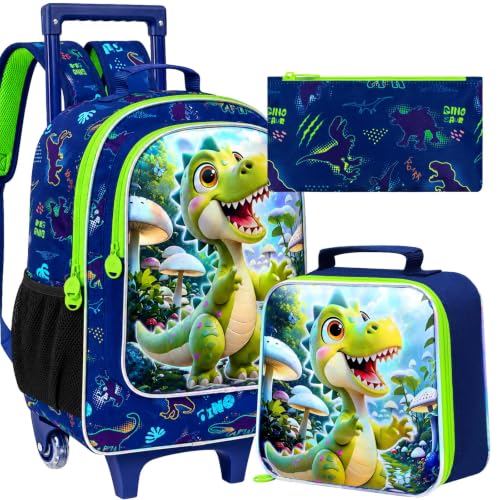 CCJPX 18" Dinosaur Rolling Backpack for Boys, 3Pcs Kids Wheeled Bookbag with Lunch Box, Lightweight Roller School Bag for Elementary Preschool(Green) - color: Green Dinosaur02