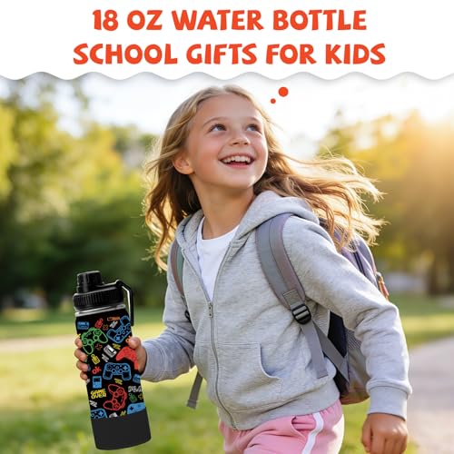 Gamer Gifts for Boys Kids - 18oz Gaming Water Bottle Stainless Steel, Insulated Straw Lid Leak Proof, BPA Free Metal Thermos for Teen Boys Girls, Video Game Party Favors Travel School（Game2） - color: Game2