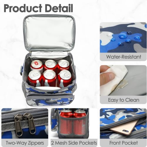 FlowFly Insulated Reusable Lunch Bag Adult Large Lunch Box for Women and Men with Adjustable Shoulder Strap,Front Zipper Pocket and Dual Large Mesh Side Pockets,BlueCamo - color: BlueCamo