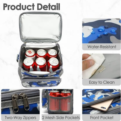 FlowFly Insulated Reusable Lunch Bag Adult Large Lunch Box for Women and Men with Adjustable Shoulder Strap,Front Zipper Pocket and Dual Large Mesh Side Pockets,BlueCamo - color: BlueCamo