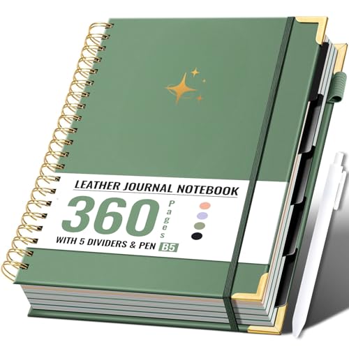 FLYING EAGLE Leather Spiral Notebooks for Work 5 Subject Notebook College Ruled with Dividers Pen, 360 Pages B5 Hardcover Lined Journals for Women Men Writing,Green - color: A.green