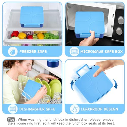 MAXSO Bento Lunch Box Set for Kids with 8 oz Soup Thermo, Leakproof Hot Food Container with 4 Compartments, Insulated Food Jar for Toddler Daycare Boys Girls School - Blue - color: Blue