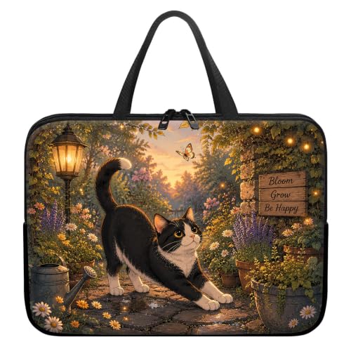 17 Inch Laptop Sleeve for 17 Inch Laptops, Black Cat Sunset Design | Large Oxford sleeve with soft lining, padded protection, handles, slim fit for 17.3 inch laptops, office, school, travel - color: Black Cat Sunset, size: 17 inch