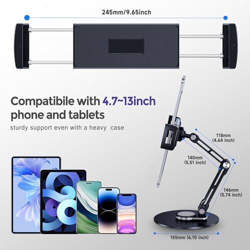 Heavy Duty Tablet Stand, 360° Rotation iPad Holder Stand for Desktop | Adjustable Aluminum Two Arm Bracket Fit For 4.7''-13" Tablets, iPad Pro/Air/Mini, Galaxy Tab, Surface Pro, Kindle Fire - size: Long-Two Arm for Desk