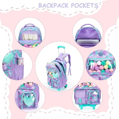 Cute Mermaid Rolling Backpacks with Wheels for Girls Aesthetic Rolling Backpack for Elementary with Lunch Box School Trolley Backpack for Girls School Supplies - color: Mermaid