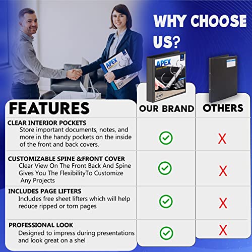 2 Pack of 2.5” Smooth Opening Angle D-Ring View Black Binders, Professional Presentation Folder for Standard Pages with Inside Pockets, and Customizable Clear View Binder PVC-Free