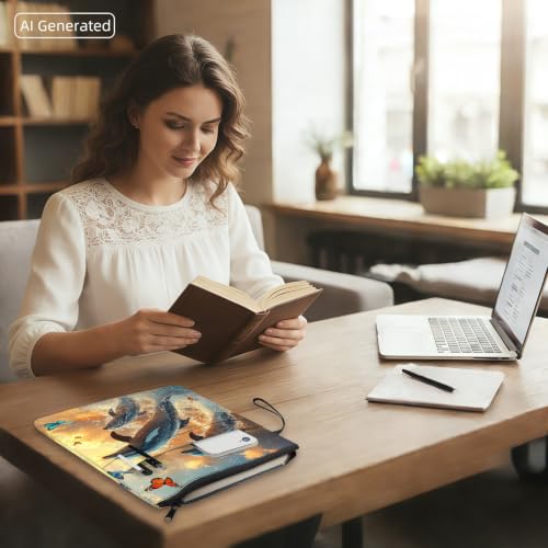 Padded Book Sleeve with Zipper & Front Pocket, Fabric Book Cover | Sunset Ocean Dolphins Sea11.4"x8.7" Washable Canvas Pouch for Hardcovers, Tablets & Reading Accessories - color: Sunset Ocean Dolphins Sea