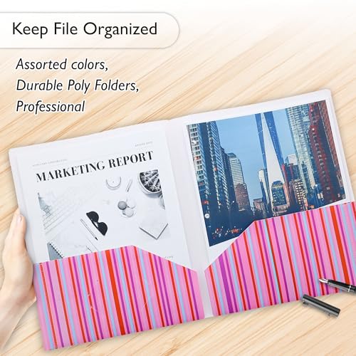 BAZIC Products Striped Poly 2-Pocket Folder, 6-Set | two interior pockets, Holds letter-size 8.5 x 11 in sheets for school and office - size: 6-Pack