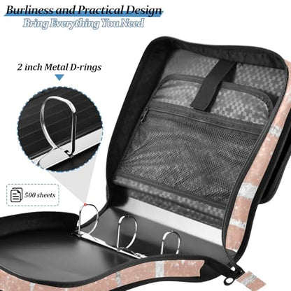 3 D-Ring 2 inch Zipper Binder Bag with Shoulder Strap, Glittery Rose Gold Multi-Pocket Portfolio Organizer Case for 13 Inch Laptop Middle School