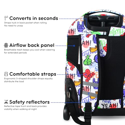 J World Sunrise Kids Rolling Backpack with Wheels for Girls Boys, Roller Bookbag for School, 18 x 13 x 9 Inches, Street Art - color: Street Art