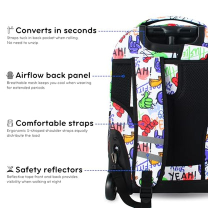 J World Sunrise Kids Rolling Backpack with Wheels for Girls Boys, Roller Bookbag for School, 18 x 13 x 9 Inches, Street Art - color: Street Art