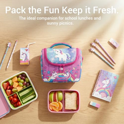 Insulated Lunch Bag for Kids Soft Bag Washable with Strap Reusable Toddler Lunch box School Supplies Food Carrier Snacks Picnic(Multi) - color: Pink