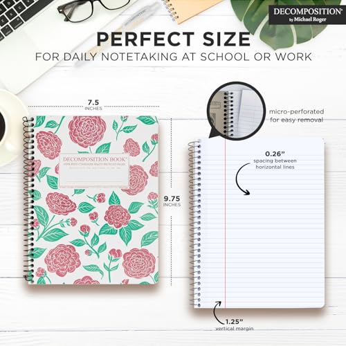 Decomposition Camellias College Ruled Spiral Notebooks – 9.75 x 7.5 Journal with 160 Lined Pages – Cute Notebooks for School Supplies, Home & Office – 100% Recycled Paper – Made in USA - color: Camellias, style: Spiral-bound