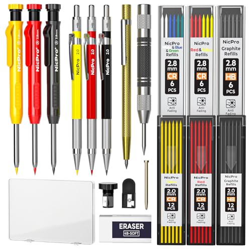 Nicpro 18 Pack Carpenter Pencils Mechanical, Construction Pencils with 60 Refill, Automatic Center Punch and Carbide Scribe Tool, 2.0mm Mechanical Pencil for Woodworking, Best Carpenters Marking Tool - size: 18 Pack