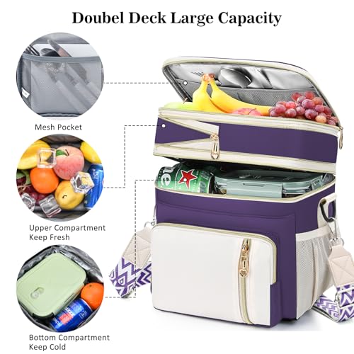 LOKASS Lunch Box for Women-16L-Insulated Lunch Bag Women, Expandable Double-layer Leakproof Cooler Bag with Upgrade Adjustable Shoulder Strap Ideal for Work/Picnics（Purple） - color: Purple