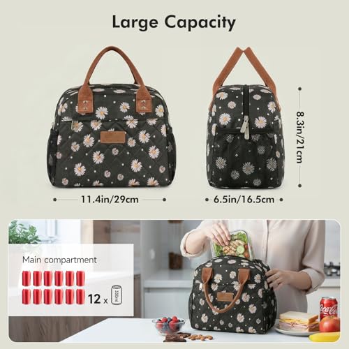 HOMESPON Insulated Lunch Bag for Women Men, Cooler Tote Box, Black Daisy | Front Pocket, Side Mesh Pockets, Reusable, for Work, Picnic, Food Container - color: Black Daisy