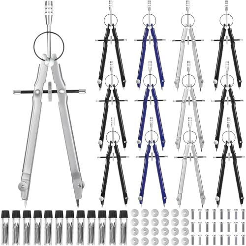 Zonon 30 Pcs Compass for Geometry Drawing Metal Compass with Extra Refills and Screws Circle Maker Back to School Circle Drawing Tool for Math Drafting Measuring Woodworking Office, 3 Colors