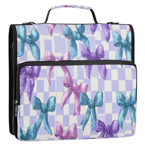 Caikeny 3 Ring Zipper Binder Pastel Purple Bows Checkered Colorful 1.5 inch Binders Bag Expanding File Pockets with Shoulder Strap and Handle - color: Multicolored 1z83.13