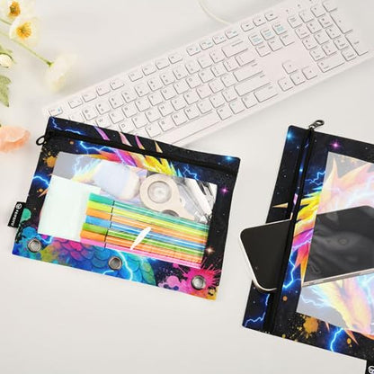 Fire Ice Dragon Binder Pouches 3 Ring for Boys Girls School Office College Supplies Cool Dinosaur Dino Pencil Pouches Case Bag with Clear Window and Zipper 2 Pack - color: Dragon 2