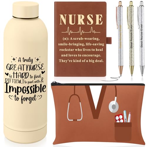 6 Pcs Nurse Gifts Set for Women Men, Rn Appreciation Gift for Nurses Week Christmas Graduation Thanksgiving, 16oz Vacuum Insulated Water Bottle, Makeup Bag, Notebook, Ballpoint Pens(Yellow) - color: Yellow