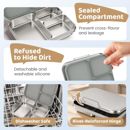 Pawtong Stainless Steel Bento Box for Kids and Adults, 3 Compartment Leakproof Lunch Box with Removable Silicone Seal and Silicone Contianer, Metal Lunch Container for School, Work and Travel (Grey) - color: Gray