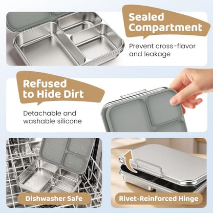 Pawtong Stainless Steel Bento Box for Kids and Adults, 3 Compartment Leakproof Lunch Box with Removable Silicone Seal and Silicone Contianer, Metal Lunch Container for School, Work and Travel (Grey) - color: Gray