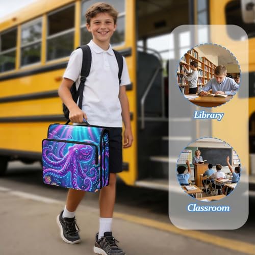 Octopus 2-inch 3 Ring Zipper Binder with Shoulder Strap Holds 14 Inch Laptop for Students and Office - color: Glowing Octopus
