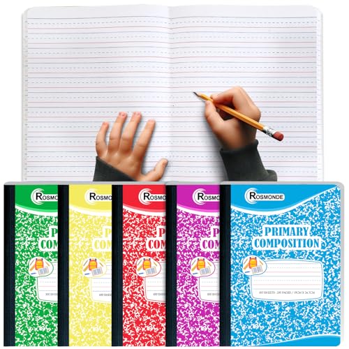 Rosmonde 5 Pack Primary Composition Notebooks, 200 Pages (100 Sheets), Grades K-2 Writing Workbook, 9-3/4" x 7-1/2", Primary Composition Notebook, Writing Dotted Lined, Assorted Marble - size: 5 Pack, style: Assorted - Writing
