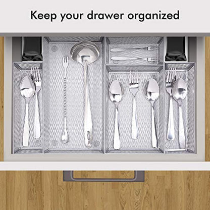 WuGeShop Mesh Silverware Tray Drawer Organizer, Kitchen Utensils Flatware with Anti-slip Mats, Silverware Storage Cutlery Tray for Knives Fork Spoon (5 Separate Compartments, Silver)