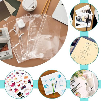 VOKOY 100 Pack 5.5x8.5 Inch Sheet Protectors for 3 or 6 Ring A5 Binder, Half Letter Size 7 Holes Mini Heavy-Duty Sheet Protector Sleeves Crystal Clear Playbill Binder Pockets - size: 5.5x8.5 Inch-1 Pocket, style: 100 Pack