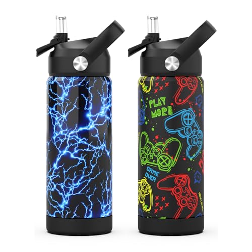 Boys Water Bottle with Straw,18 oz Kids Insulated Cups with Stainless Steel Leak Proof for School,Sport&Travel（2pack，Lightning+Game-Graffitig） - color: C15.Lightning+Game-G
