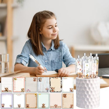 Wxiben Highland Cow Sticky Notes with Pens 24 Pcs Cute Cartoon Animals Notepads Ballpoint Pens Bulk Farm Cattle Notes Black Ink Pen Animal Lover Gifts for Women Men Study Office School Supplies - color: Highland Cow