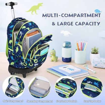 Rolling Backpack for Boys, 3PCS Roller School Backpacks for Boys with Lunch Bag and Pencil Pouch, Kids Bookbag School Bag with Wheels for Kindergarten Elementary Middle School Travel - color: Green Dinosaur
