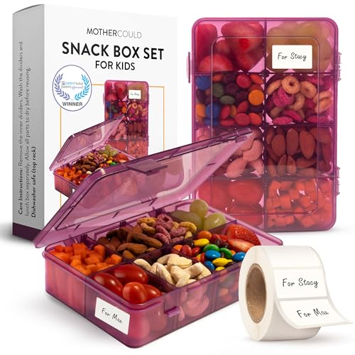 Snack Box Containers Set of 2-Reusable,100 Dissolvable Labels, 8 Adjustable Compartments, Dishwasher Safe, BPA-Free, Meal Prep Container, PARENT TESTED PARENT APPROVED AWARD (2 Pack) (Purple) - color: Purple, size: Small